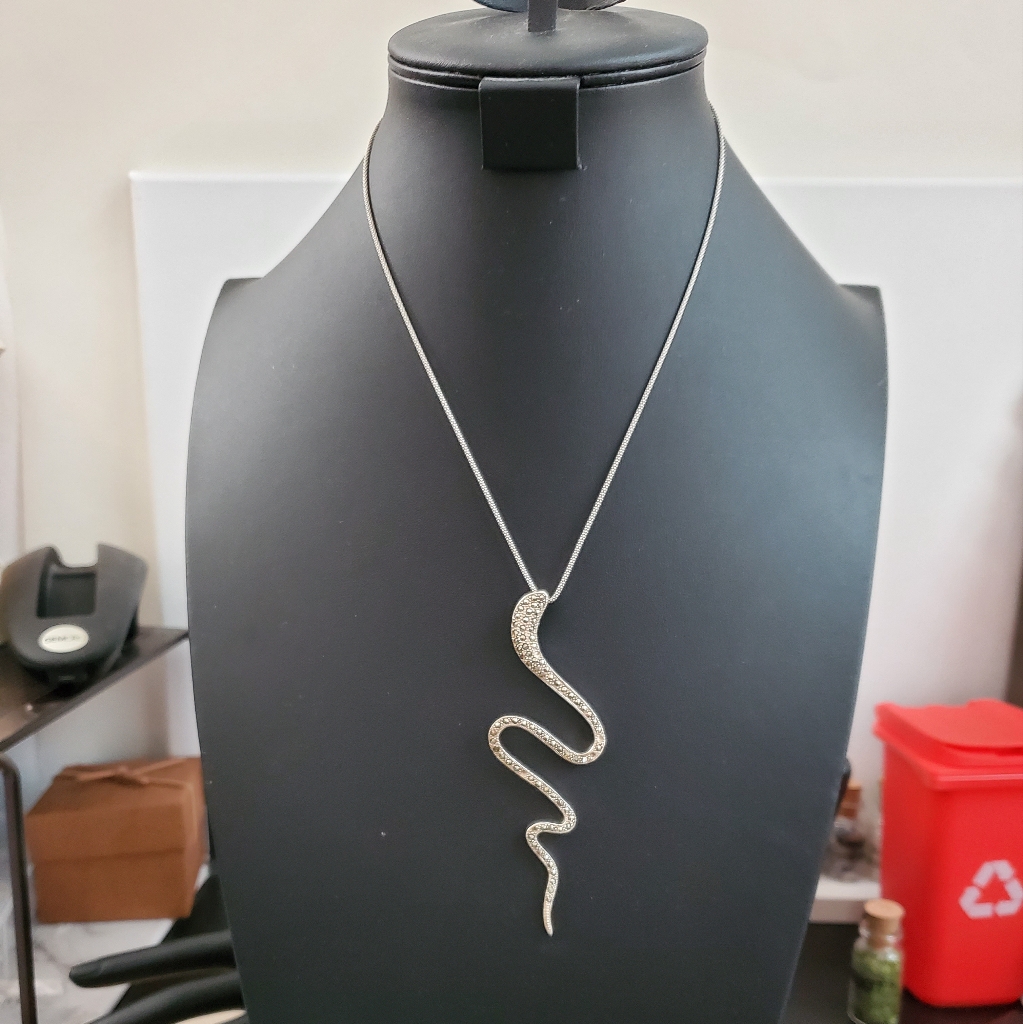 Sterling Silver 925 Snake / Serpent Marcasite Pendant Necklace